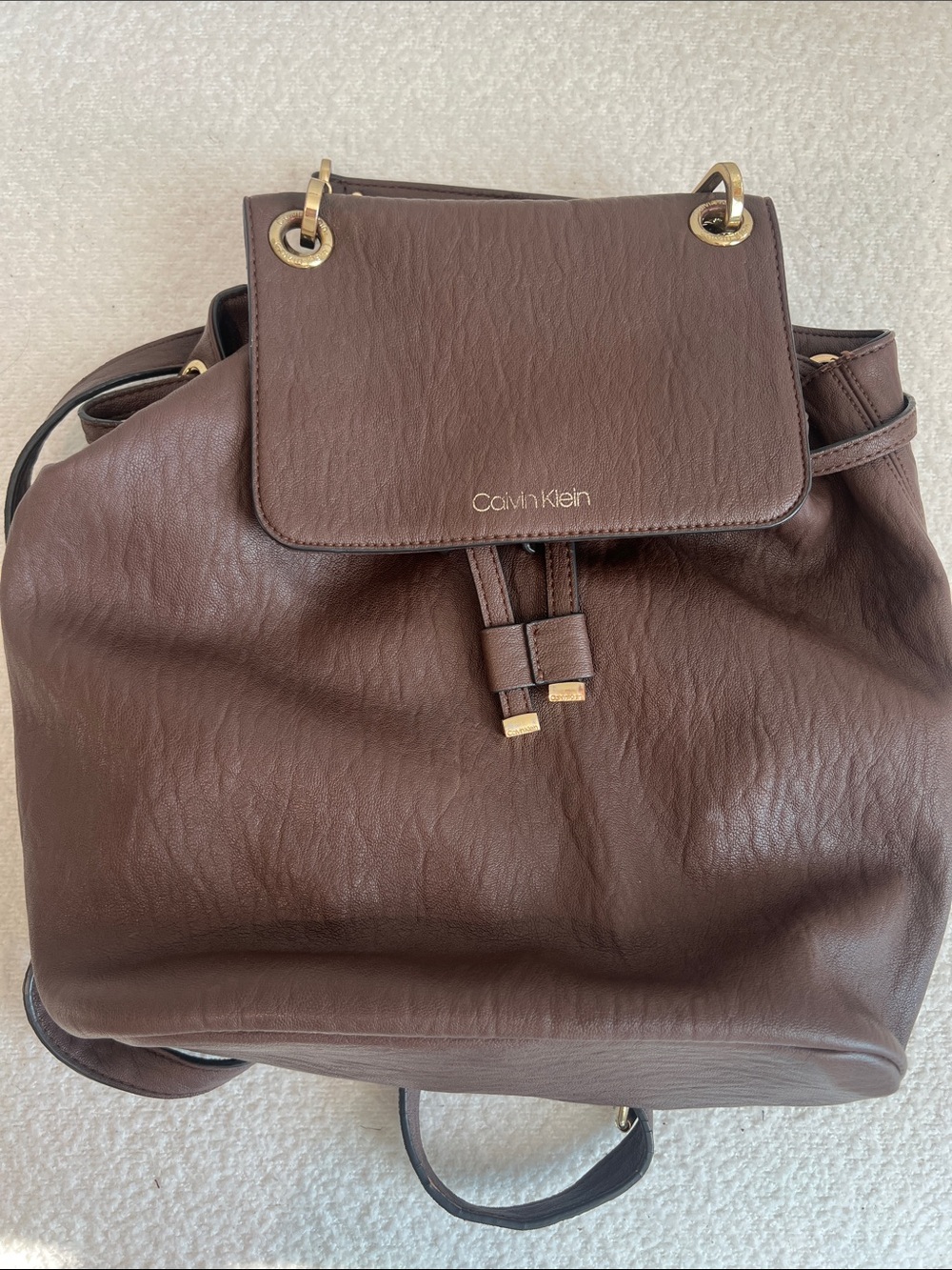 Calvin Klein Brown Leather Drawstring Backpack